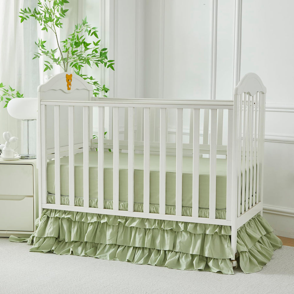 Brandream crib skirt with four sided ruffles enhances decor and hides under-crib storage.