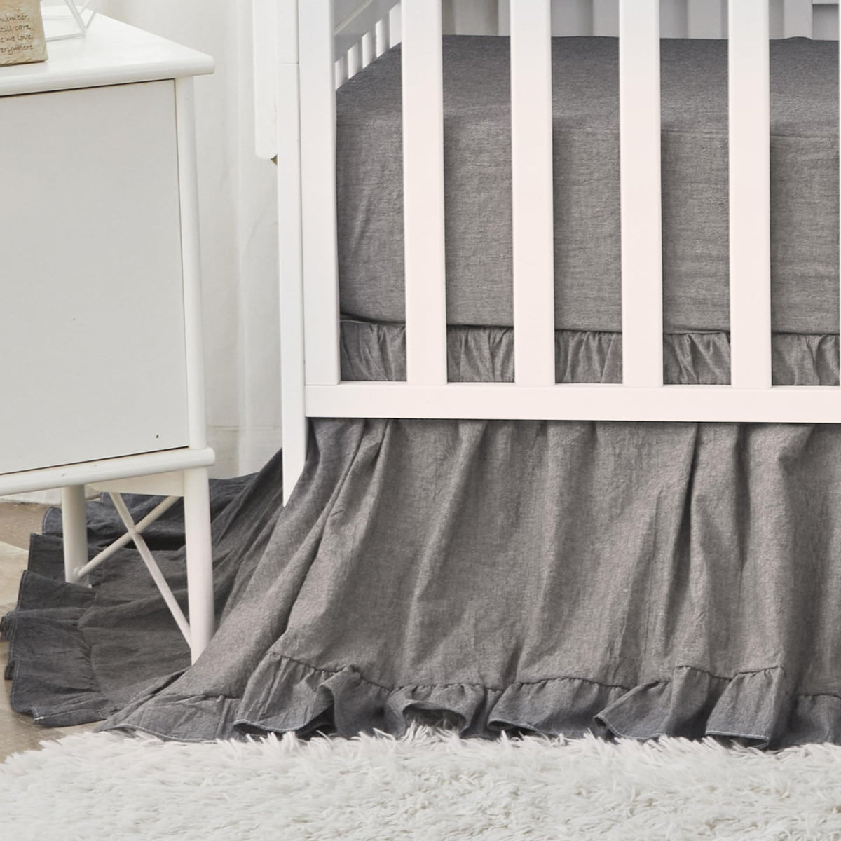 Brandream crib skirt gray close-up showing soft washed cotton finish for baby bedding