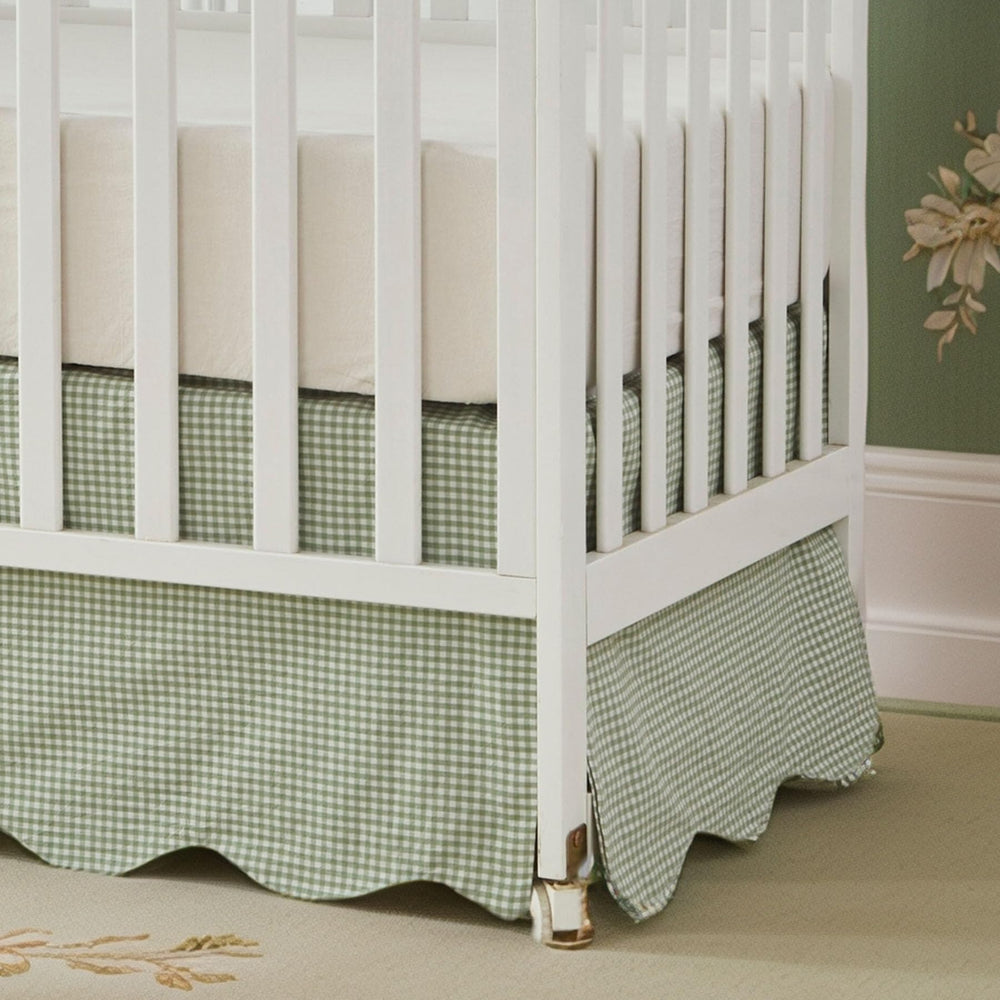 Brandream crib skirt image demonstrates easy-care with cold wash and low heat drying.
