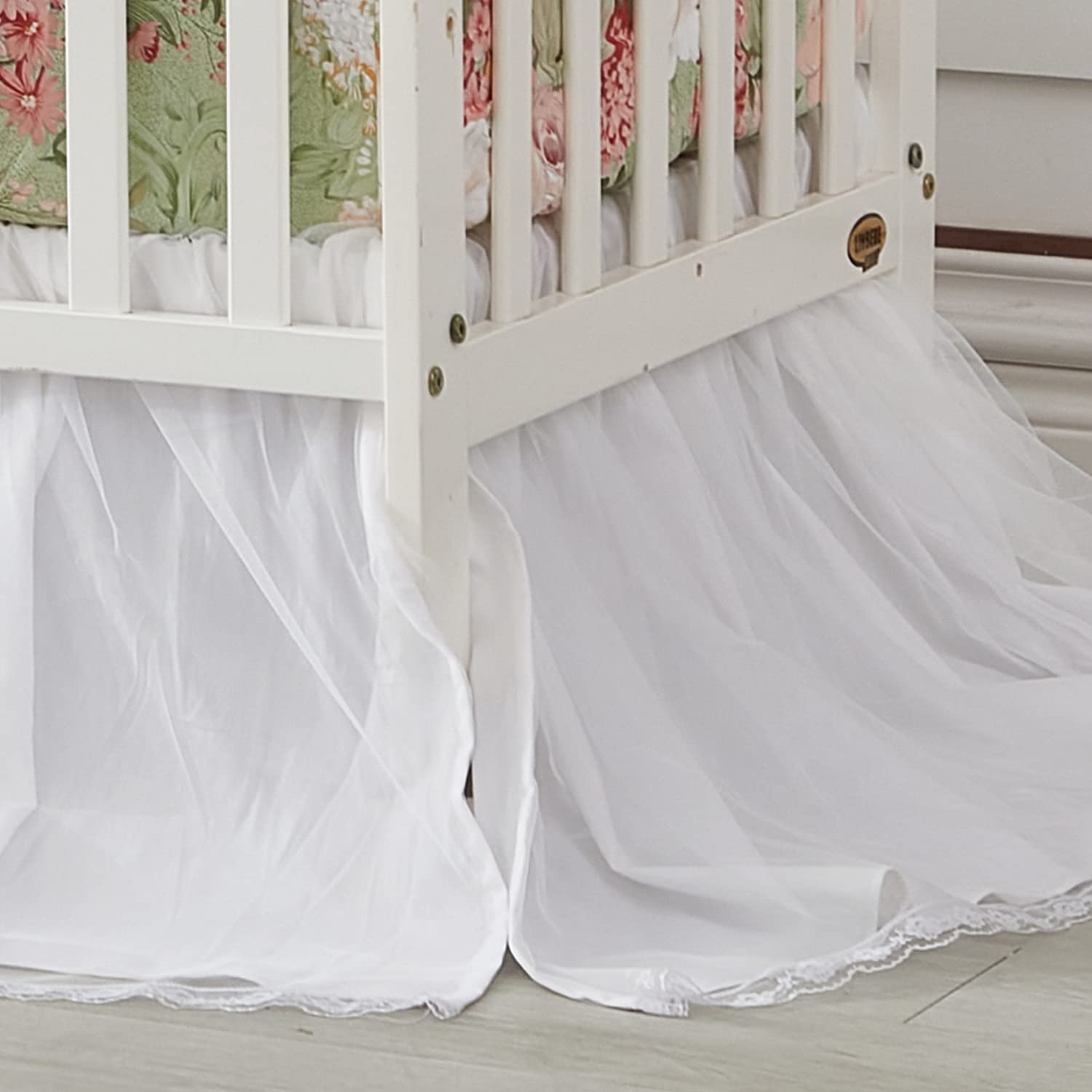 Brandream crib skirt with white lace tulle adds soft elegance to your nursery.