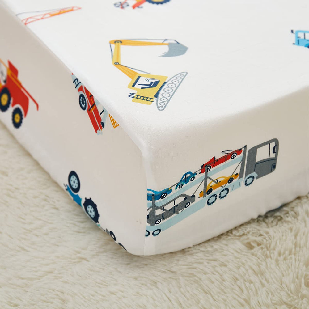 Brandream fitted crib sheets show construction truck design in blue and yellow for boys' nursery