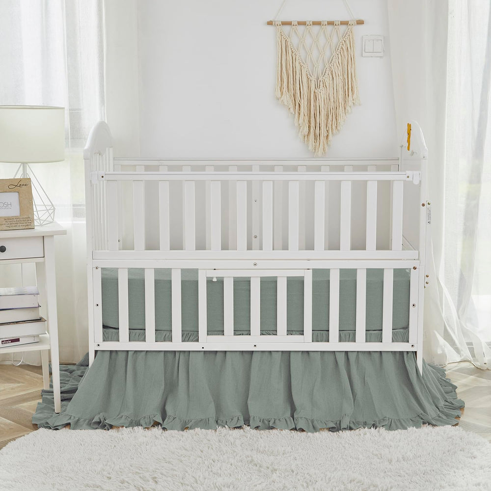 Brandream four-sided crib skirt with a 16-inch drop provides full under-crib coverage.