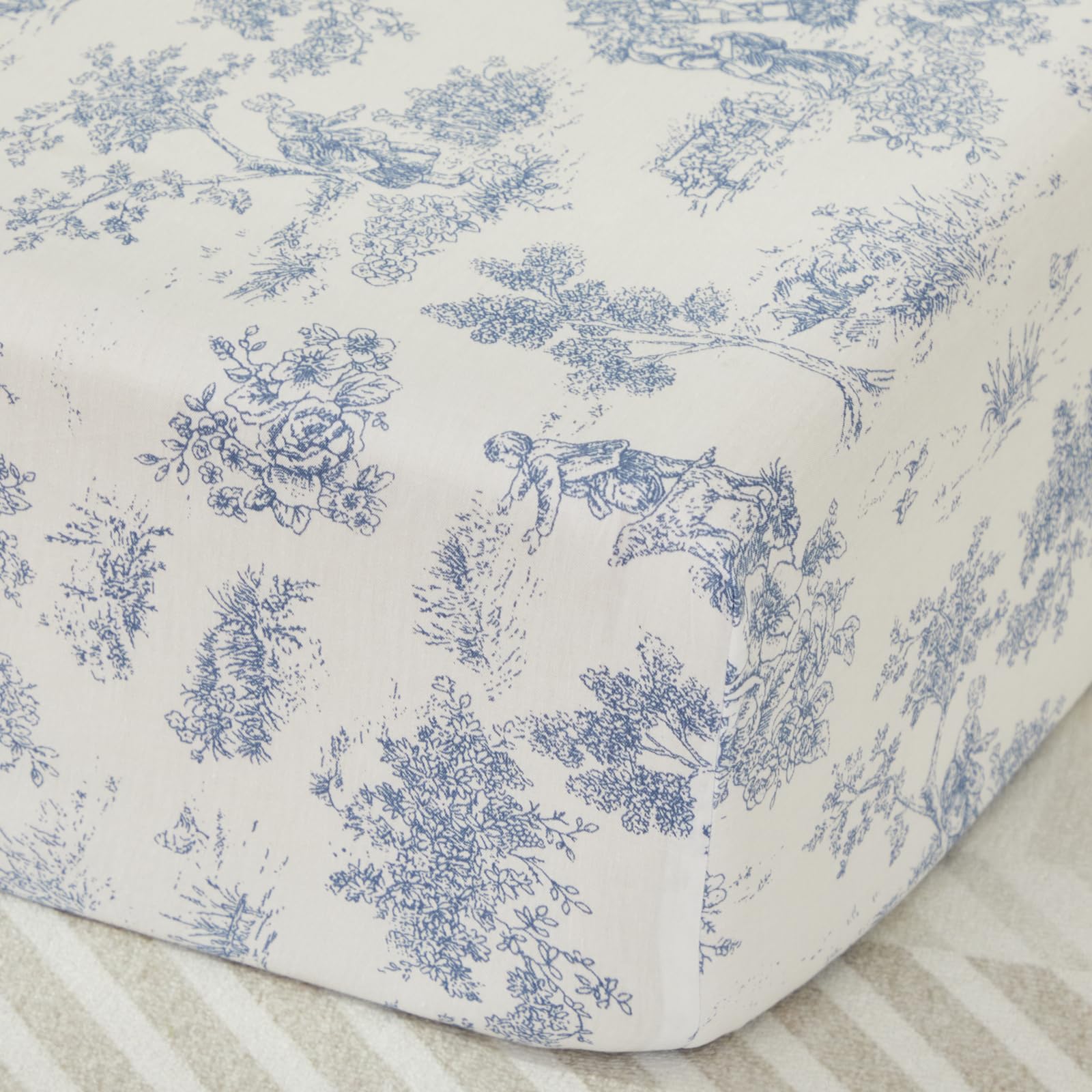 Brandream French Country Toile crib sheet close-up shows ultra-soft cotton for comfort.