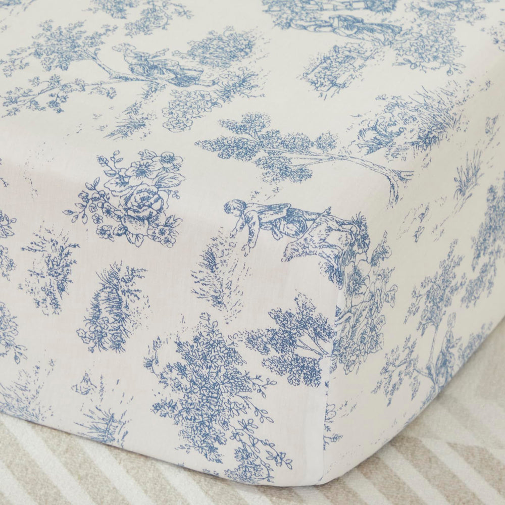 Brandream French Country Toile crib sheet close-up shows ultra-soft cotton for comfort.