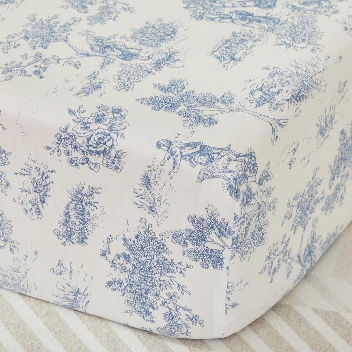 Brandream French Country Toile crib sheet close-up shows ultra-soft cotton for comfort.