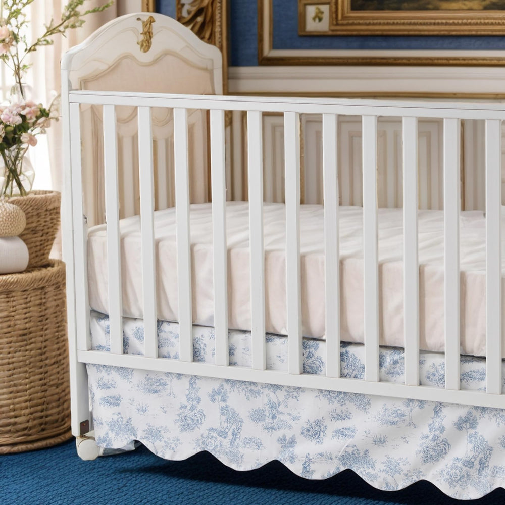 Brandream French Country Toile crib skirt closeup fabric showing soft cotton texture for nursery comfort.