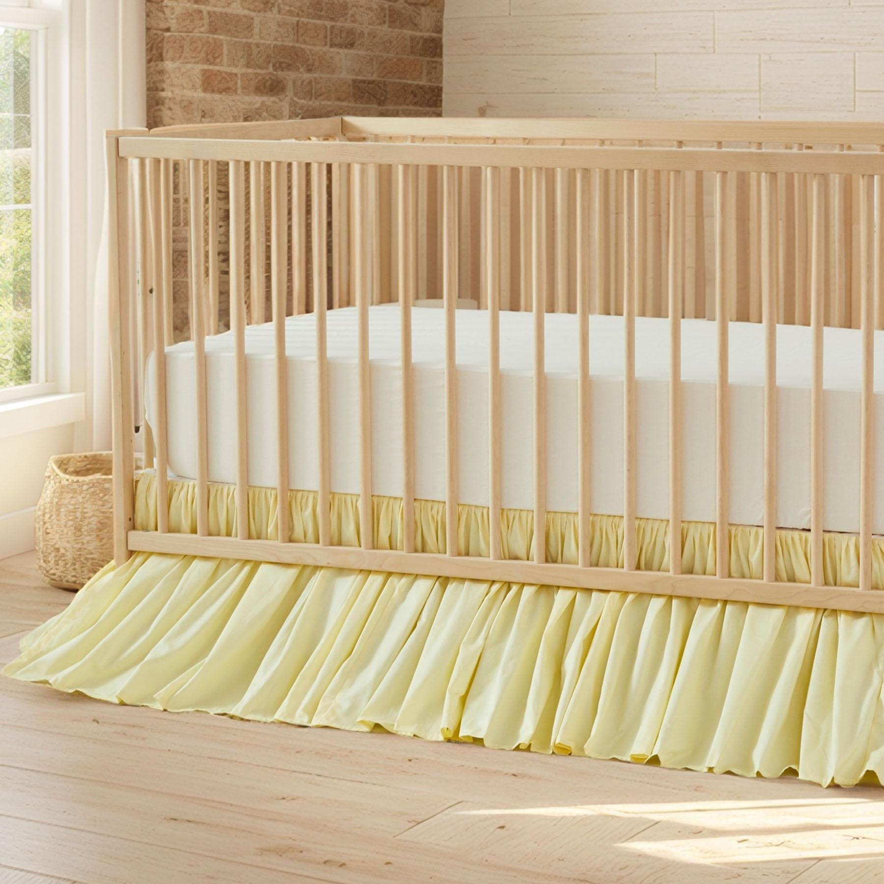 Brandream Gathered Crib Skirt front view in light yellow with soft cotton for gentle nursery aesthetics