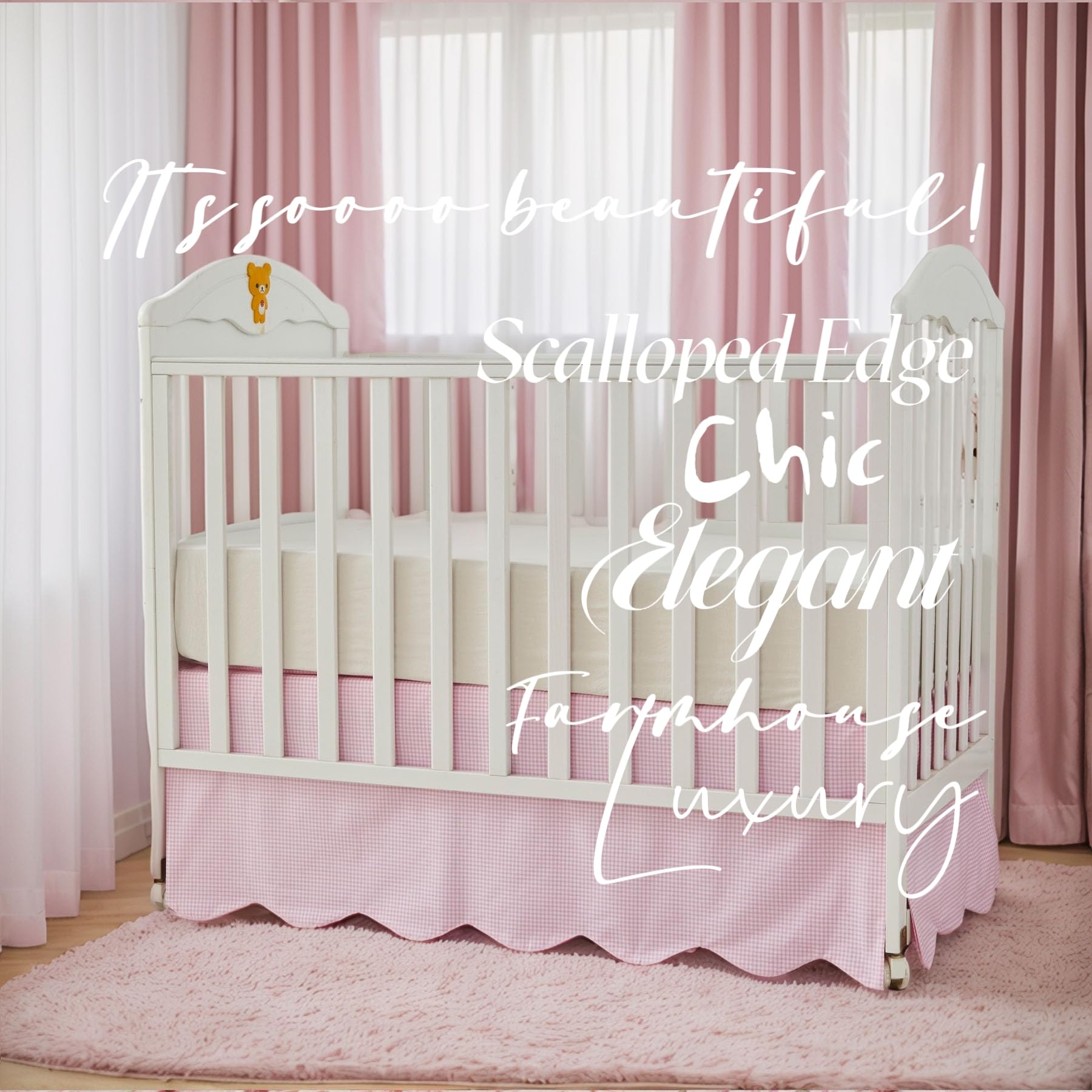 Brandream gingham pink crib skirt full view complements nursery styling.