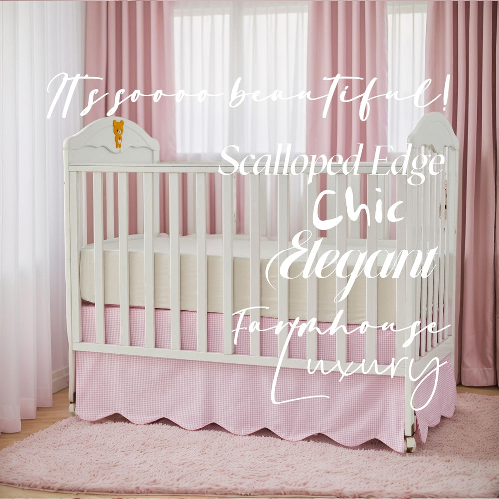 Brandream gingham pink crib skirt full view complements nursery styling.