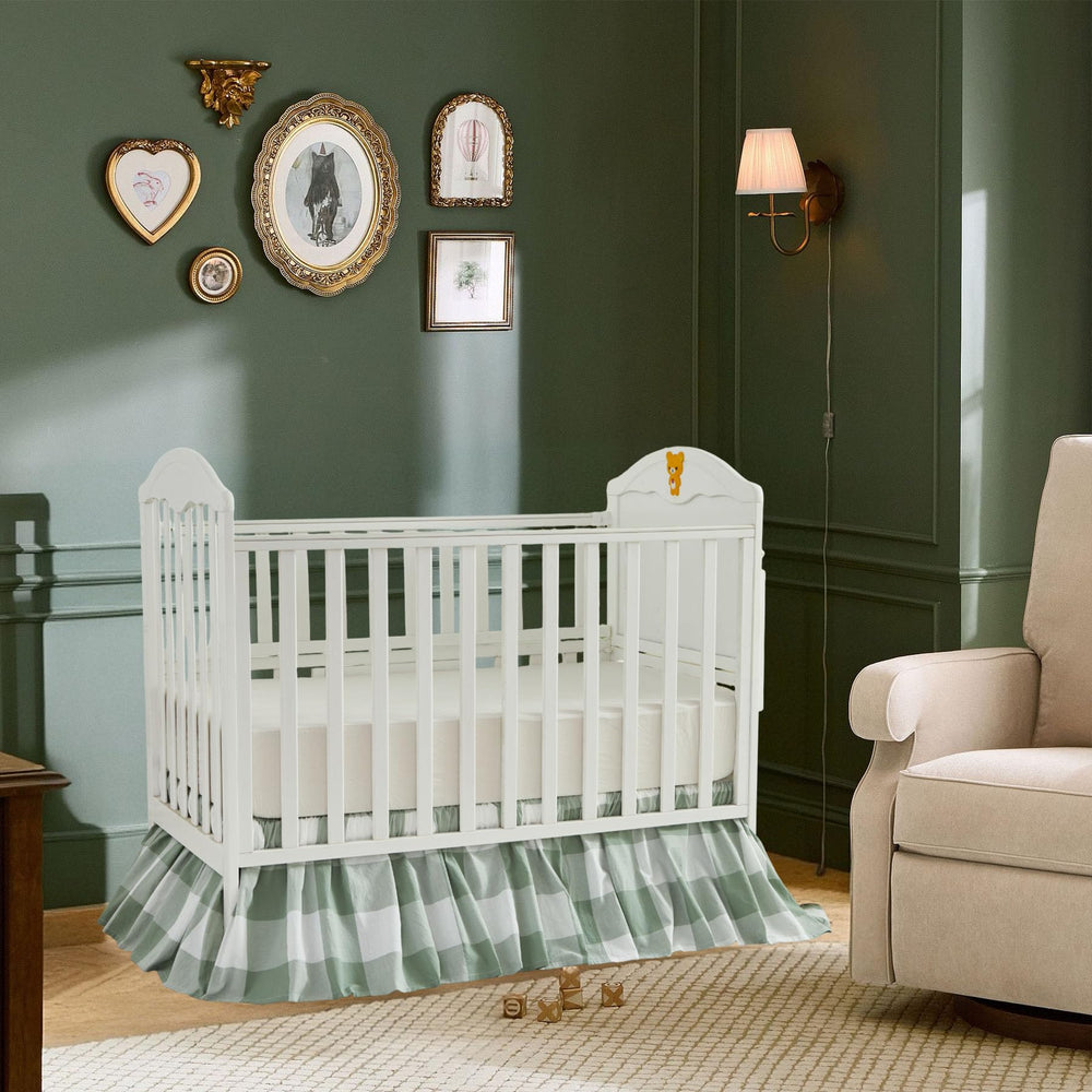 Brandream gingham gathered crib skirt close-up showing soft cotton texture for baby comfort.