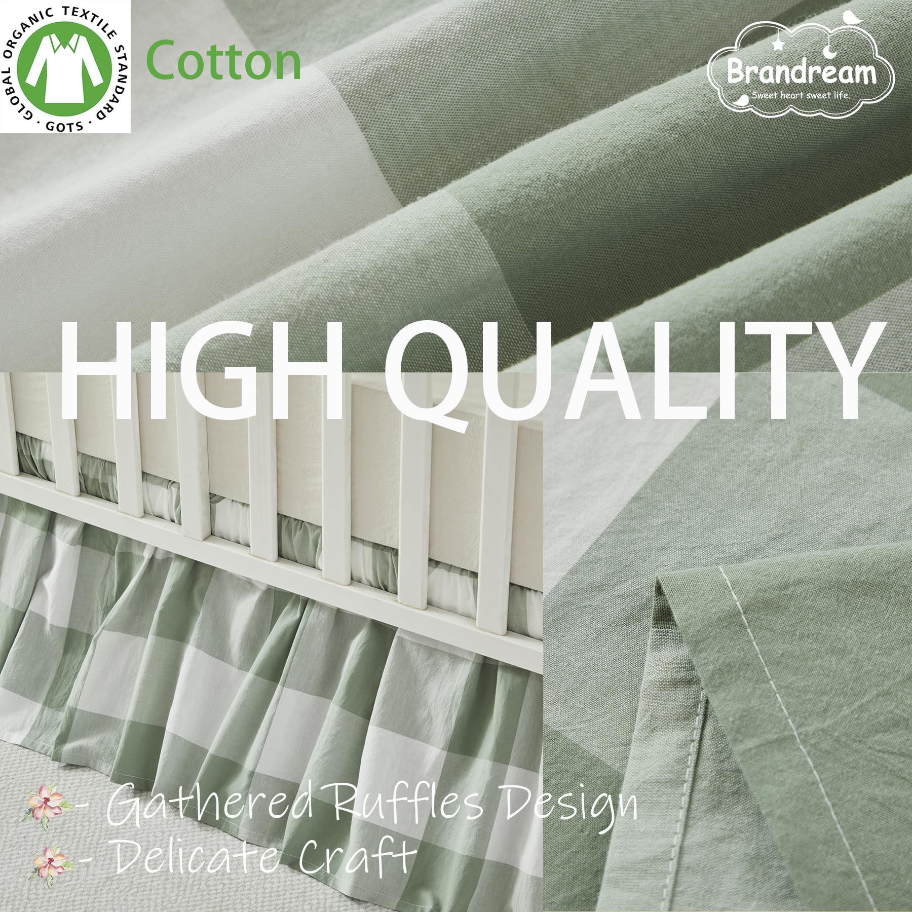 Brandream crib skirt displayed on a standard crib demonstrates full coverage.