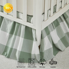 Brandream gingham gathered crib skirt side view highlighting the four-sided pleated design.