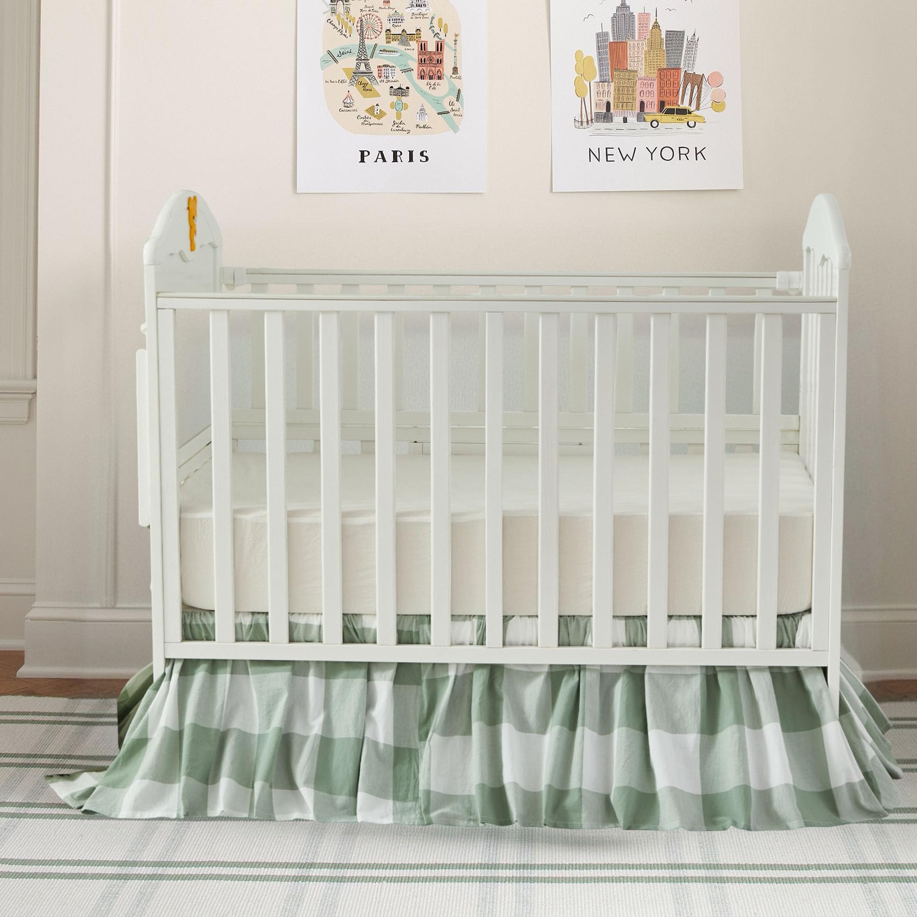 Brandream green buffalo plaid nursery scene for gender-neutral farmhouse style.