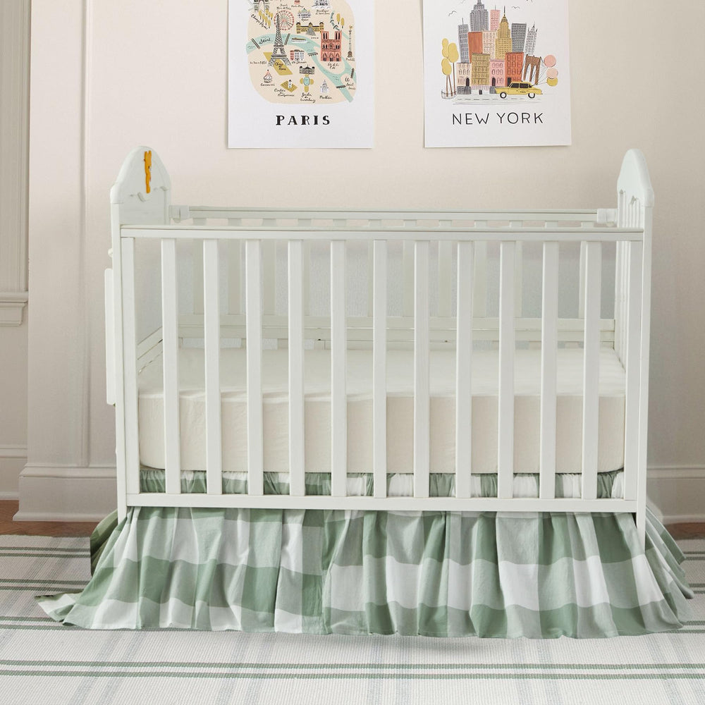 Brandream green buffalo plaid nursery scene for gender-neutral farmhouse style.