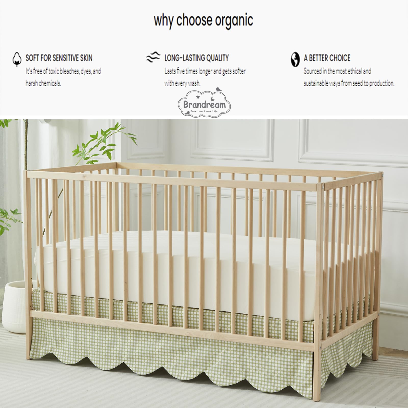 Brandream green gingham crib skirt adds gender-neutral farmhouse charm.