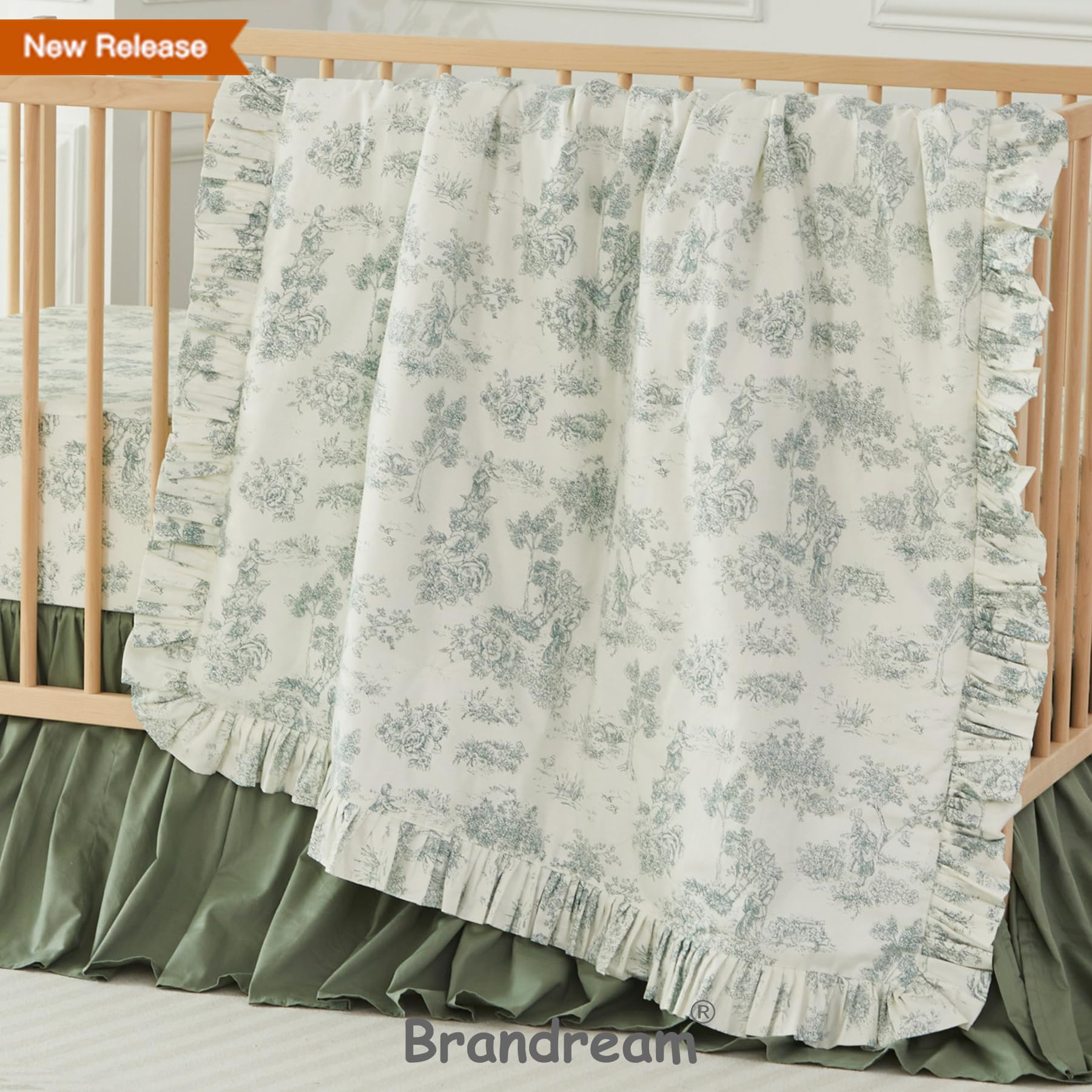 Brandream green toile nursery decor scene shows timeless French country charm.
