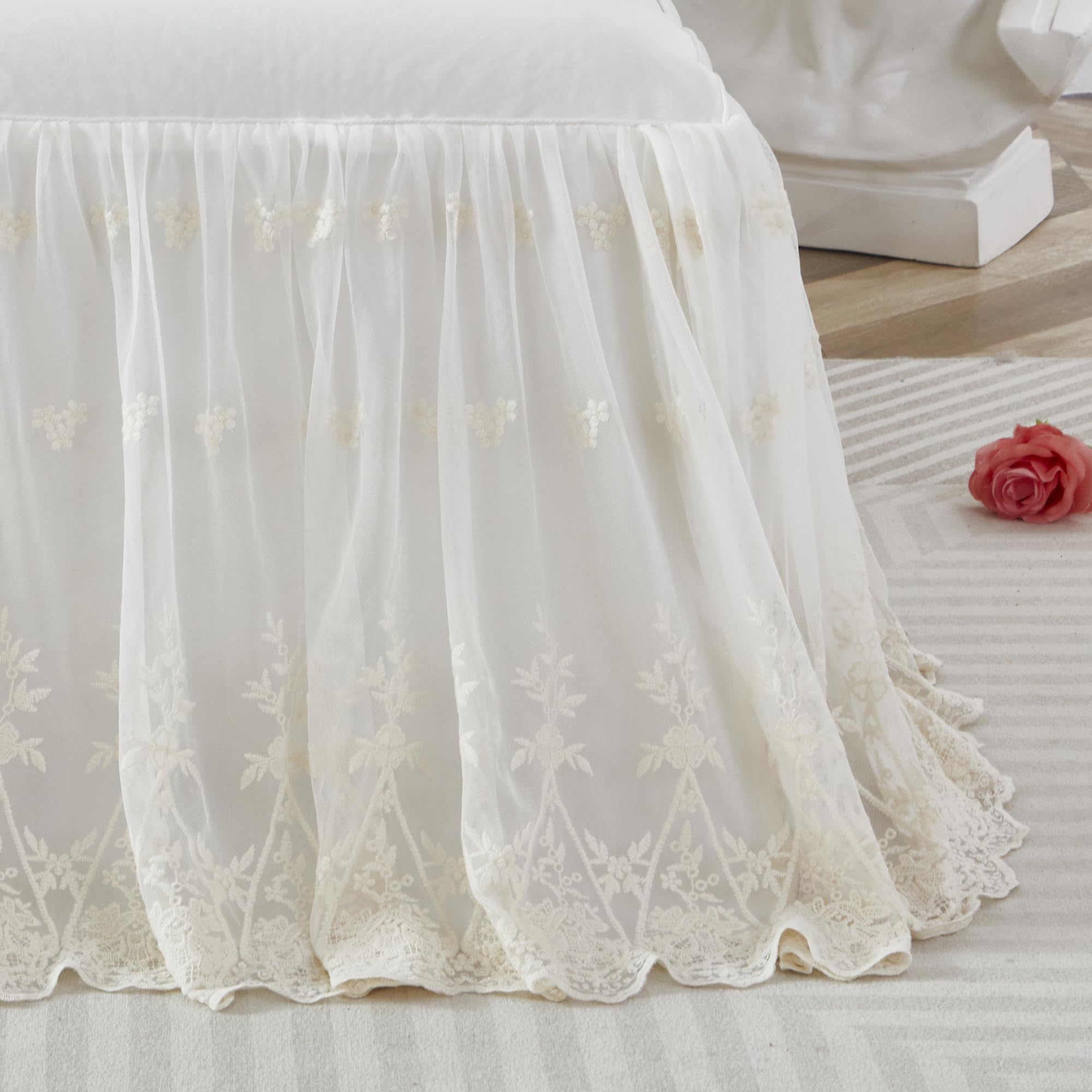 Brandream lace crib skirt side view showing 4 sided drop for standard crib compatibility