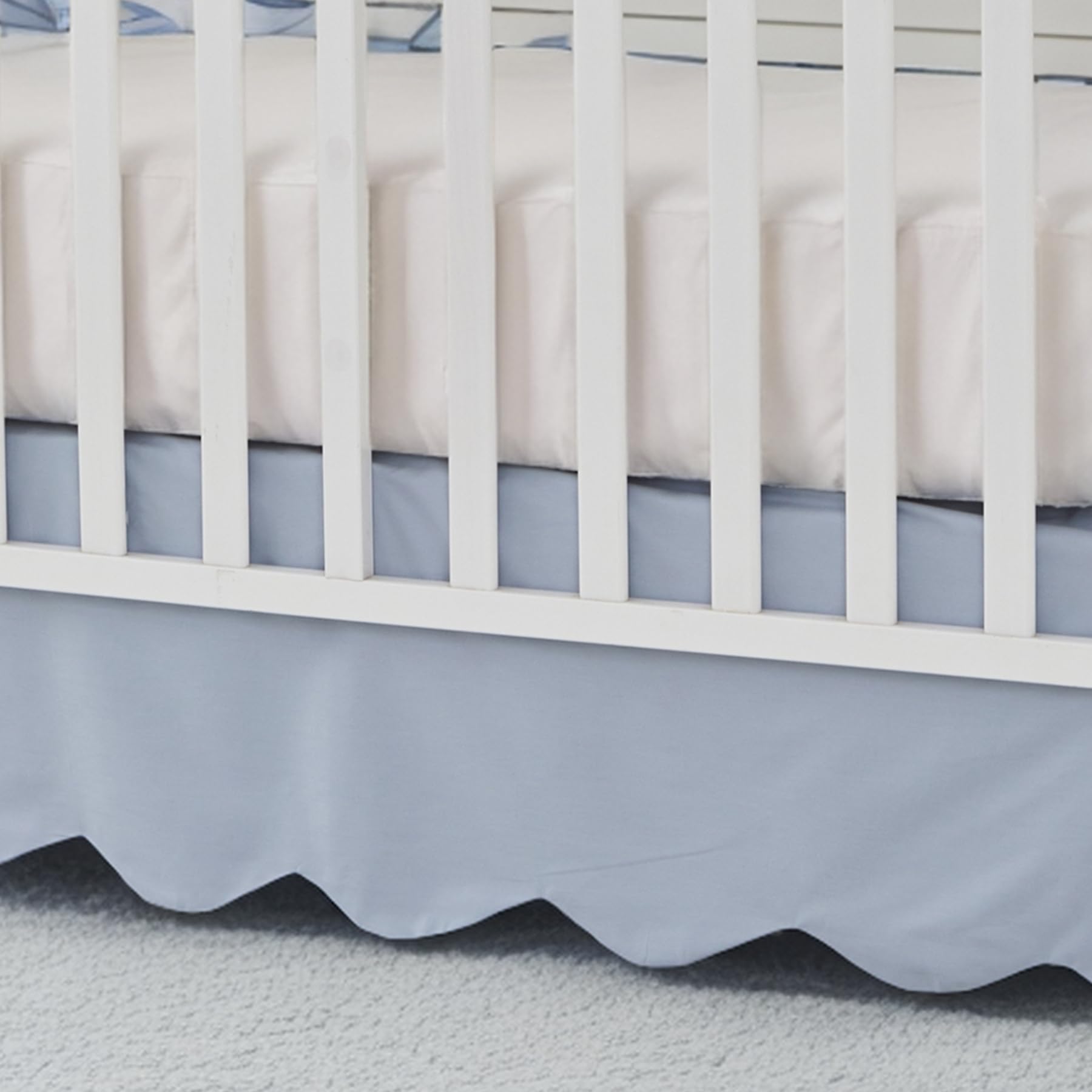 Brandream Mist Blue Crib Skirt close-up edge highlights soft cotton texture and color
