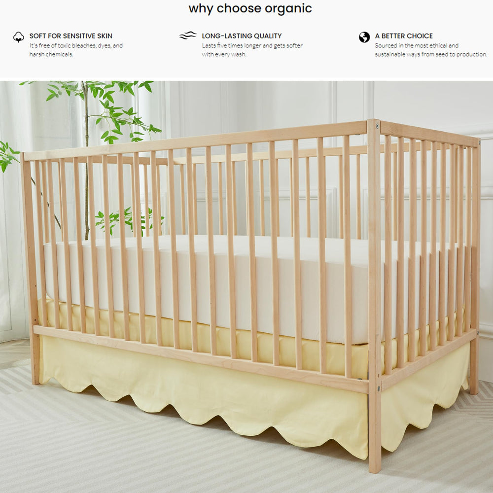 Brandream baby room setup shows cohesive textiles with the scallop edge crib skirt.