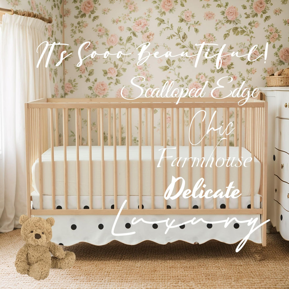 Brandream scallop edge crib skirt 4-sided drop preserves neat nursery appearance.