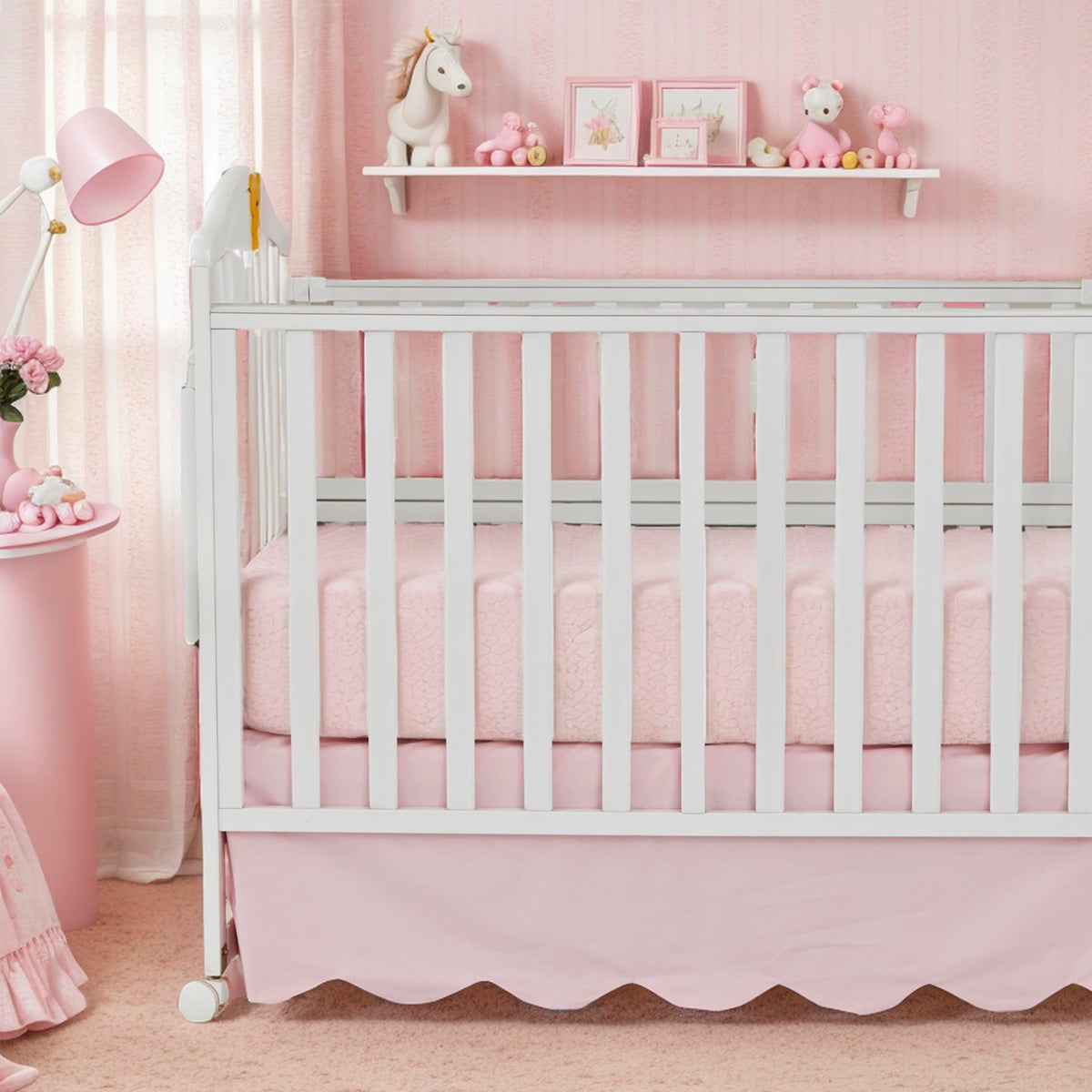 Brandream scallop edge crib skirt closeup showing durable stitching for nursery decor.
