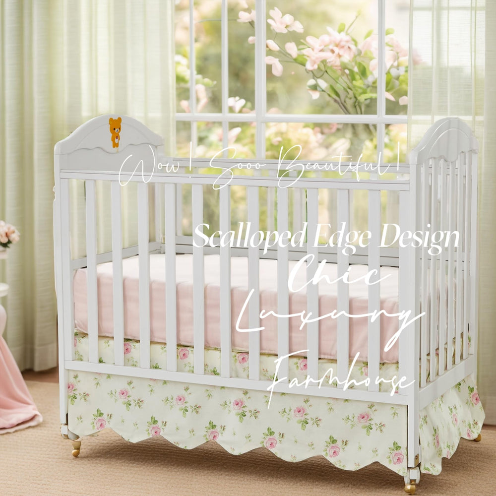 Brandream scallop edge crib skirt closeup highlights premium cotton fabric and delicate trim.