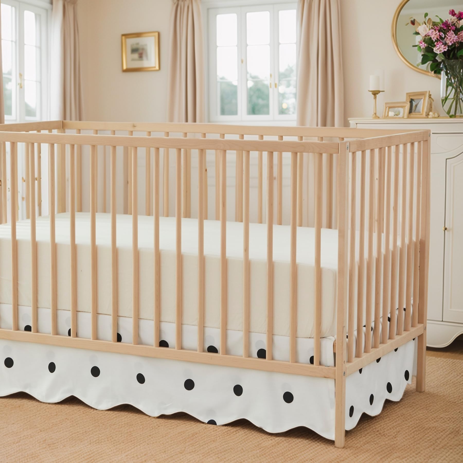 Brandream scallop edge crib skirt in cream adds soft nursery style and finish.