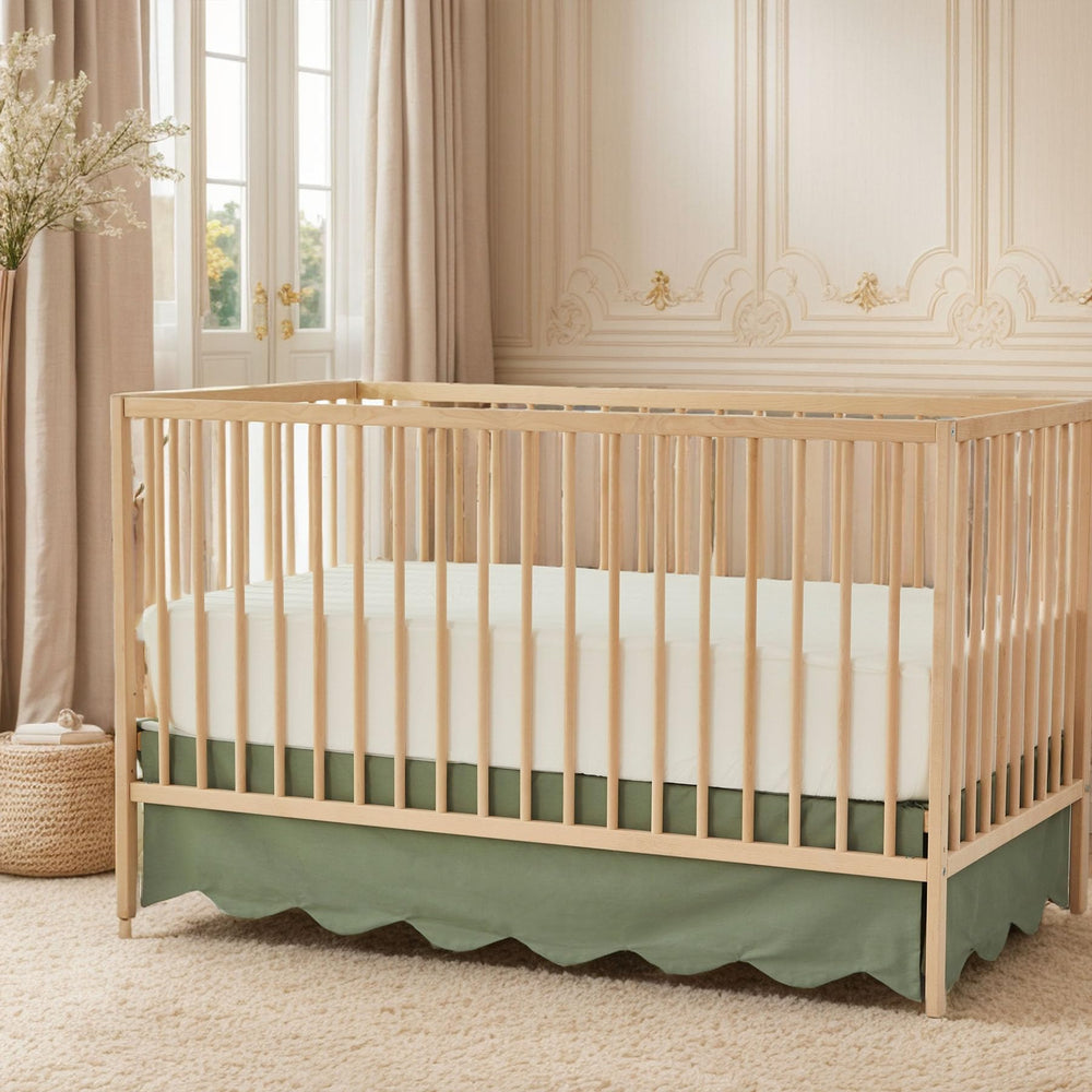 Brandream scallop edge crib skirt demonstrates standard crib fit