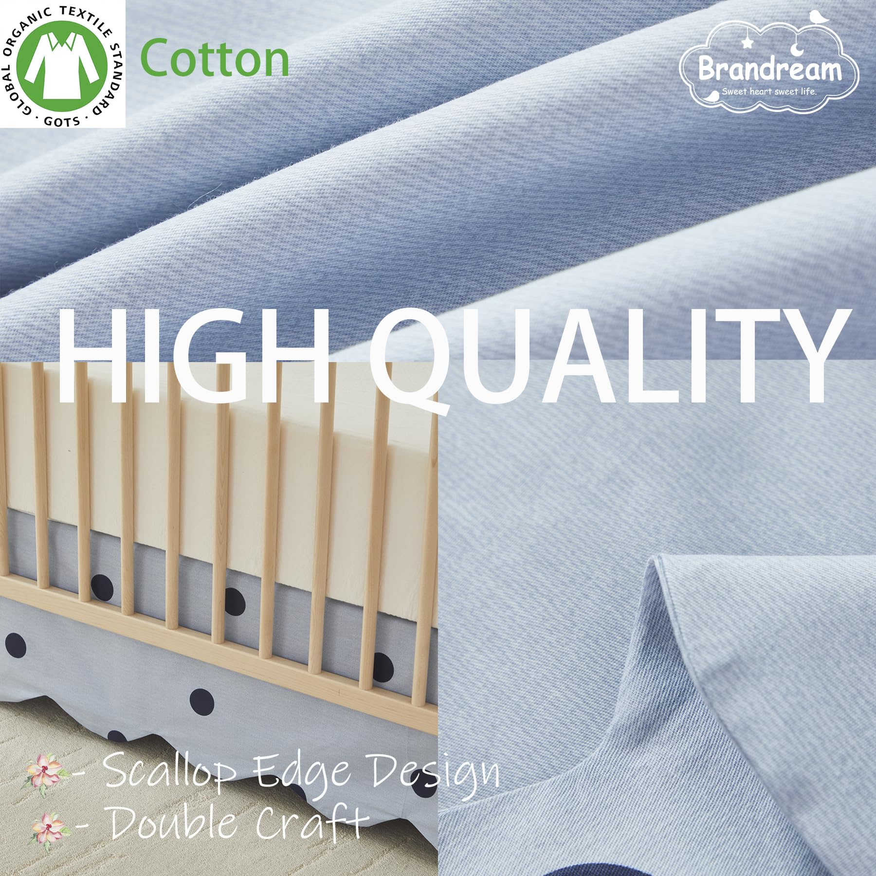 Brandream scallop edge crib skirt shows 52x28x16 inch drop fits standard crib.