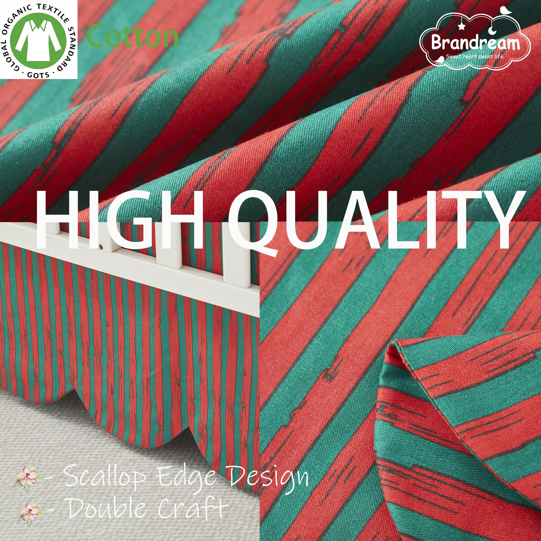 Brandream scallop edge crib skirt showcases holiday trim for cozy nursery styling.