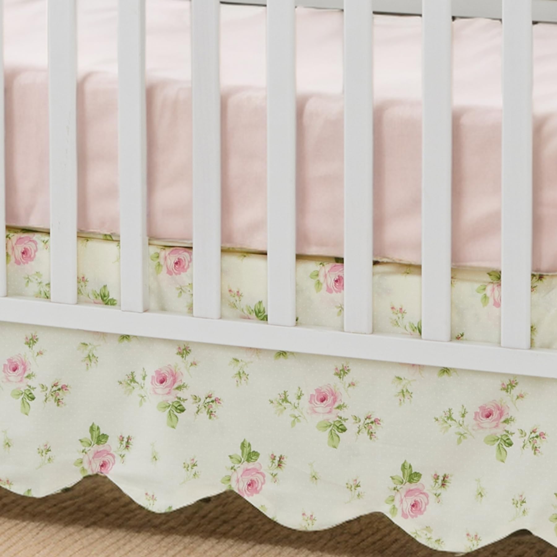 Brandream scallop edge crib skirt full view showcases farmhouse chic nursery style.