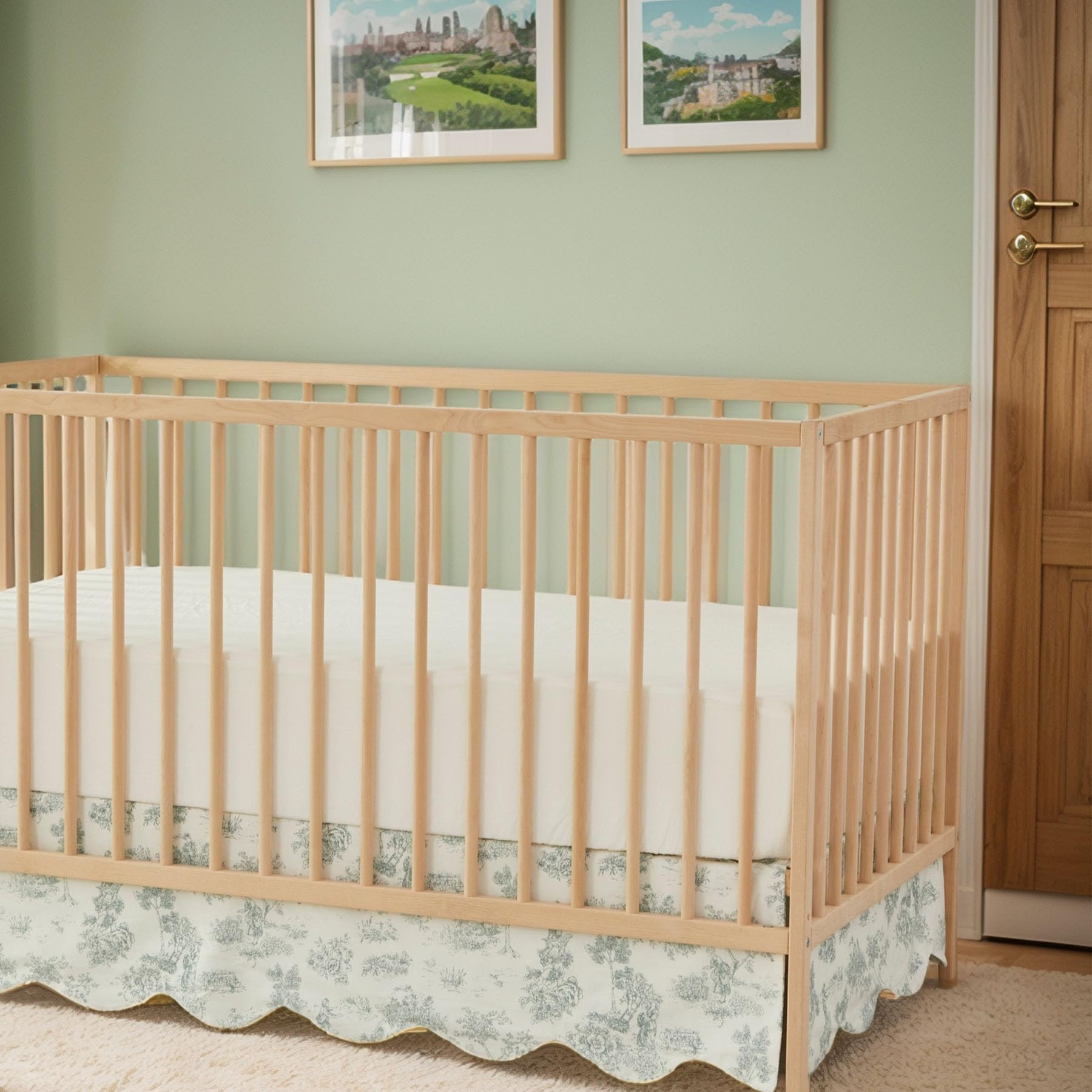 Brandream scallop edge crib skirt in green toile print adds vintage charm.