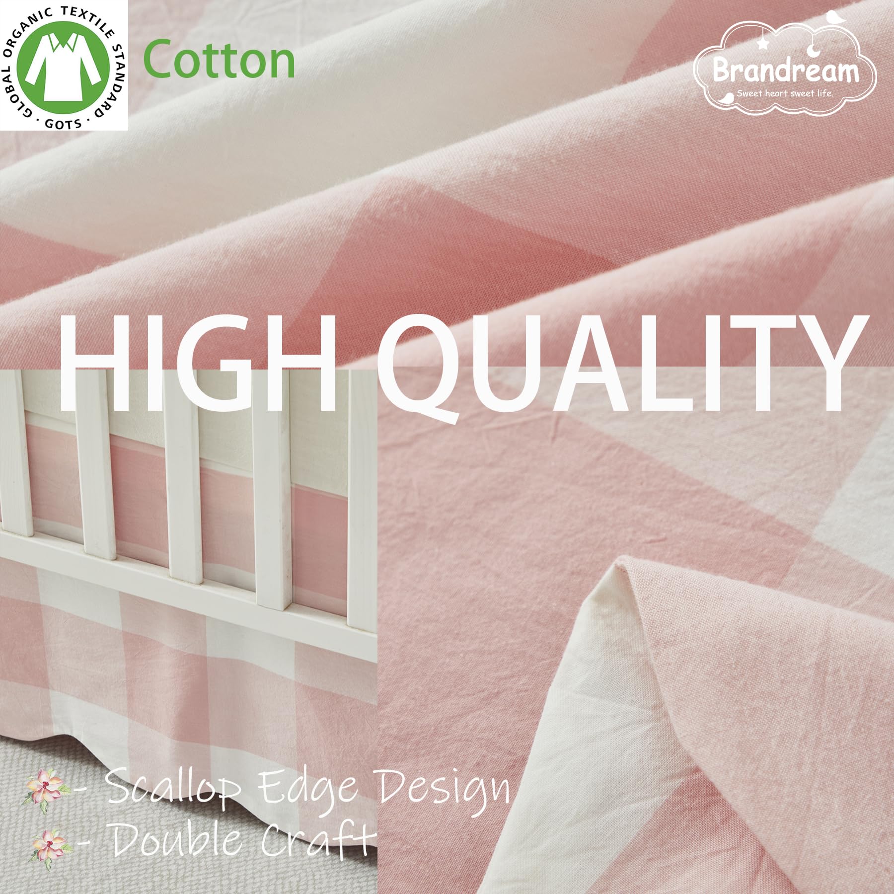 Brandream scallop-edge crib skirt light pink gingham adds soft, cozy charm.