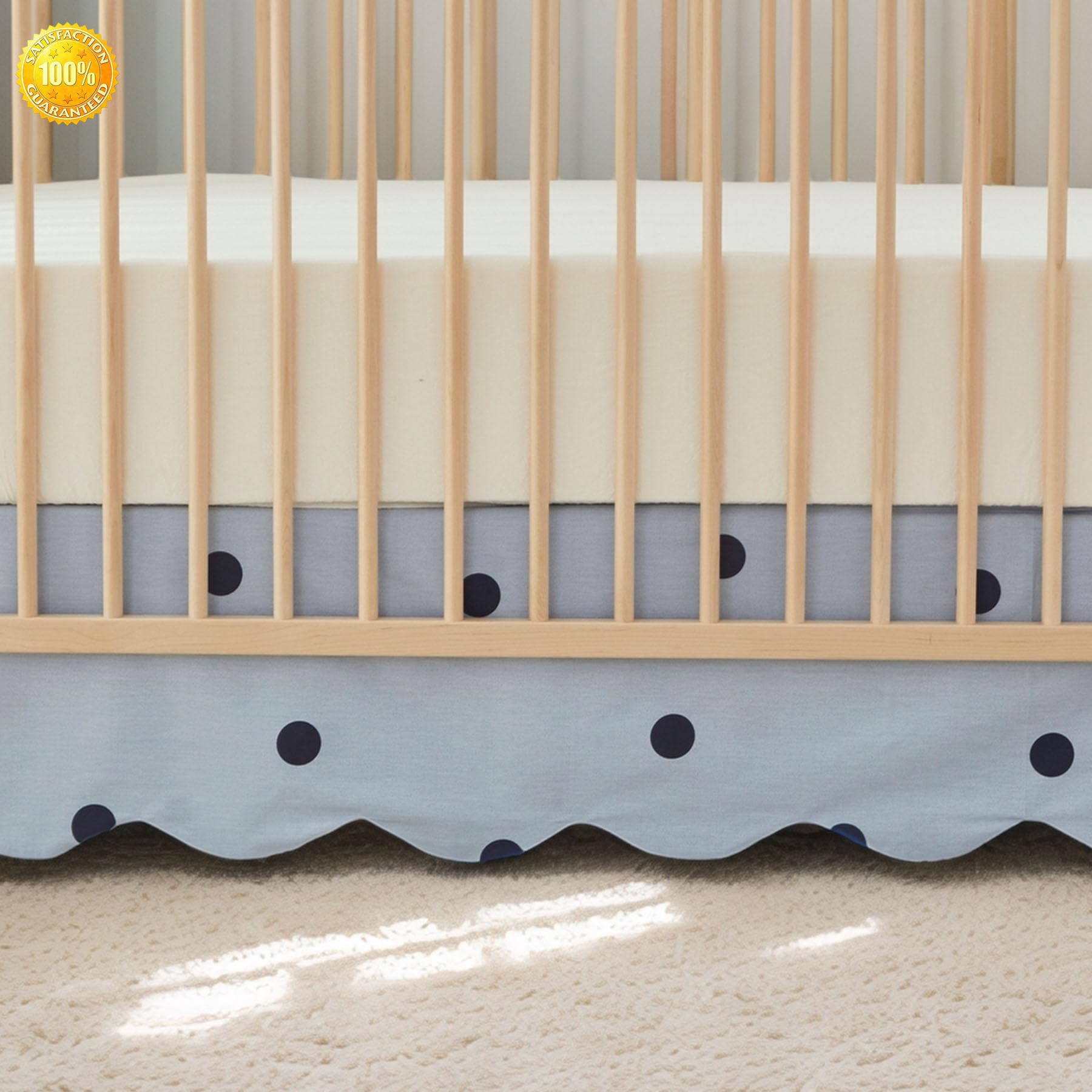 Brandream scallop edge crib skirt in mist blue fabric adds gender-neutral color to the nursery.