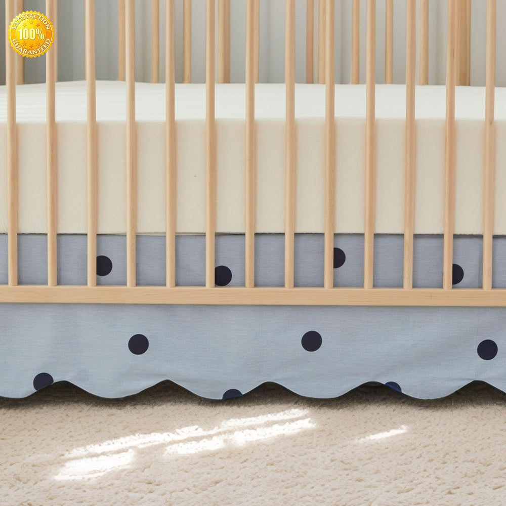 Brandream scallop edge crib skirt in mist blue fabric adds gender-neutral color to the nursery.