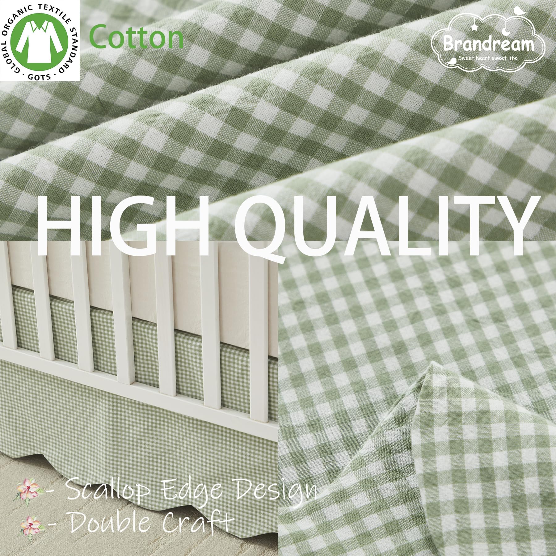 Brandream scallop edge crib skirt on crib enhances modern farmhouse decor.