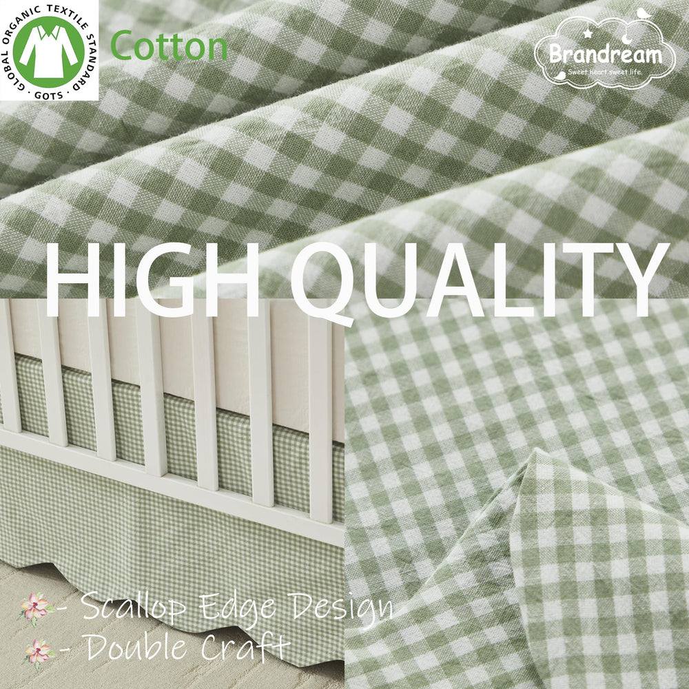 Brandream scallop edge crib skirt on crib enhances modern farmhouse decor.