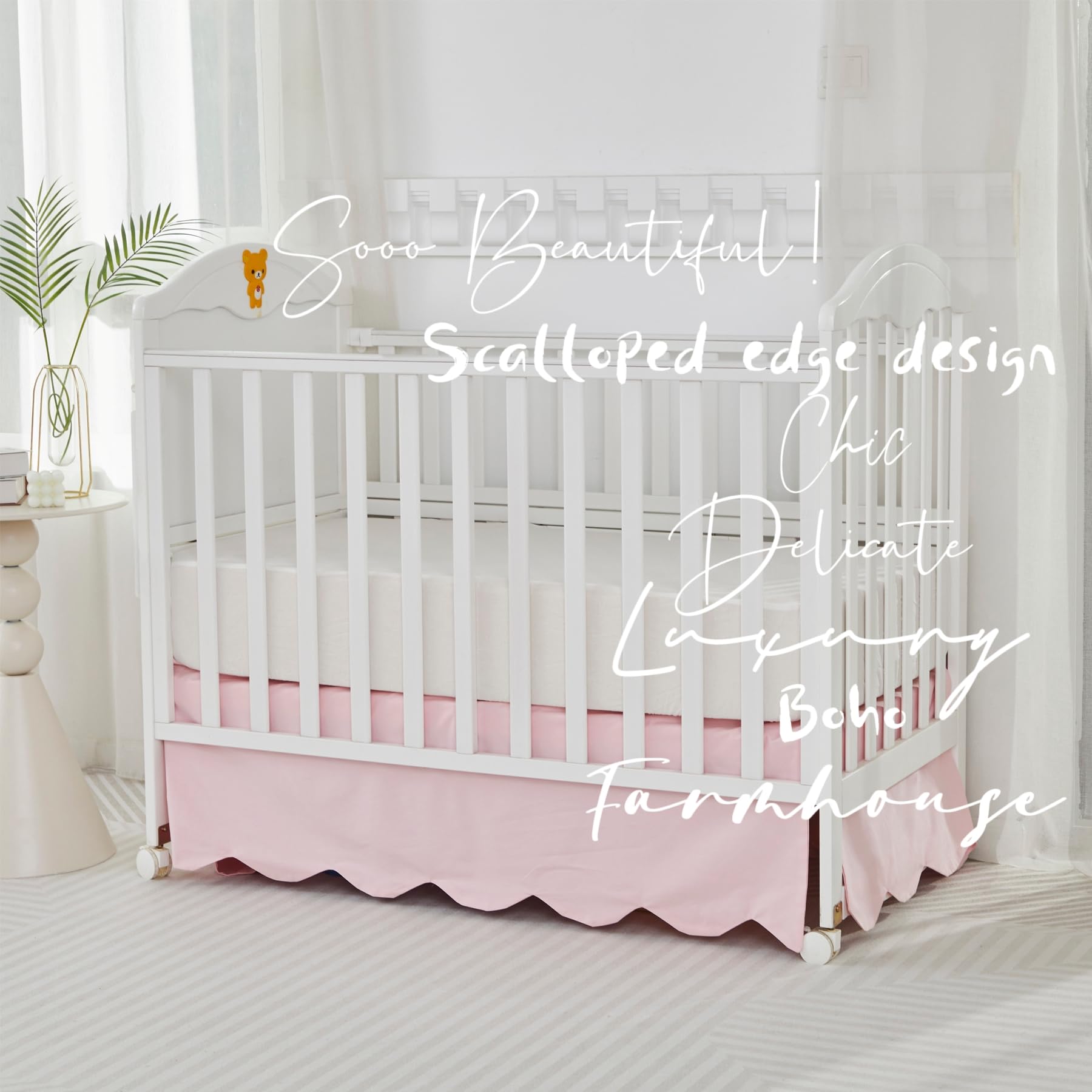 Brandream scallop edge crib skirt pink tone complements gender-neutral nursery palette.