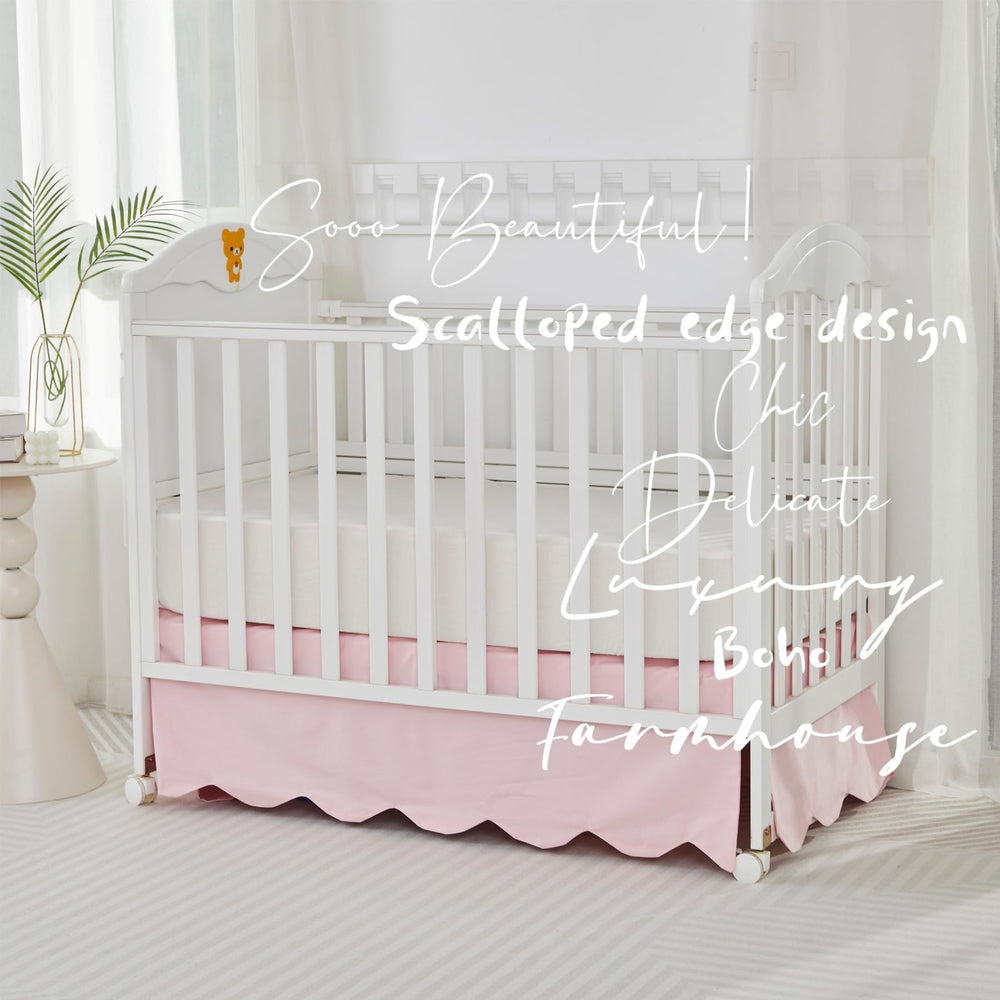 Brandream scallop edge crib skirt pink tone complements gender-neutral nursery palette.