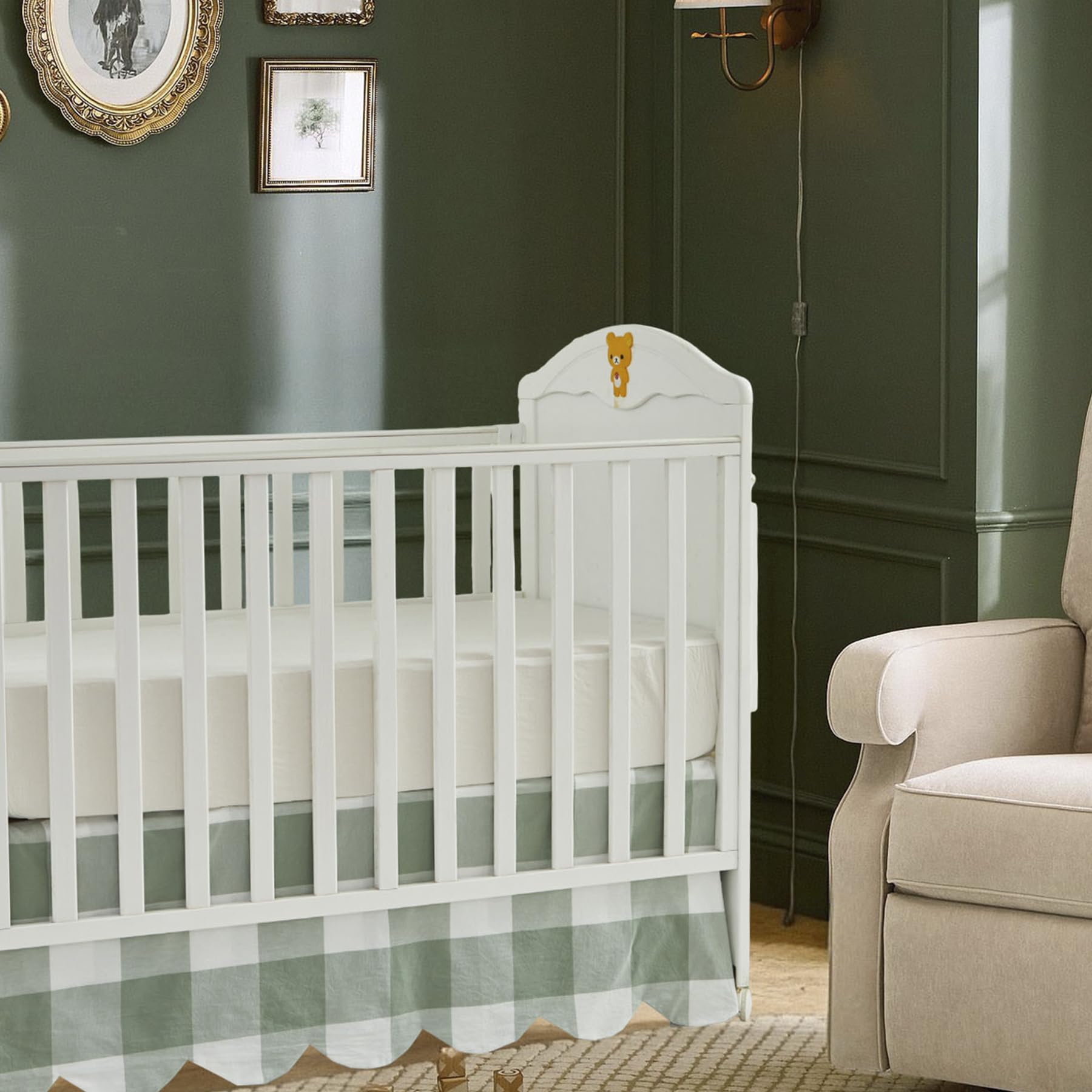 Brandream scallop edge crib skirt in sage green adds soft elegance to nurseries.