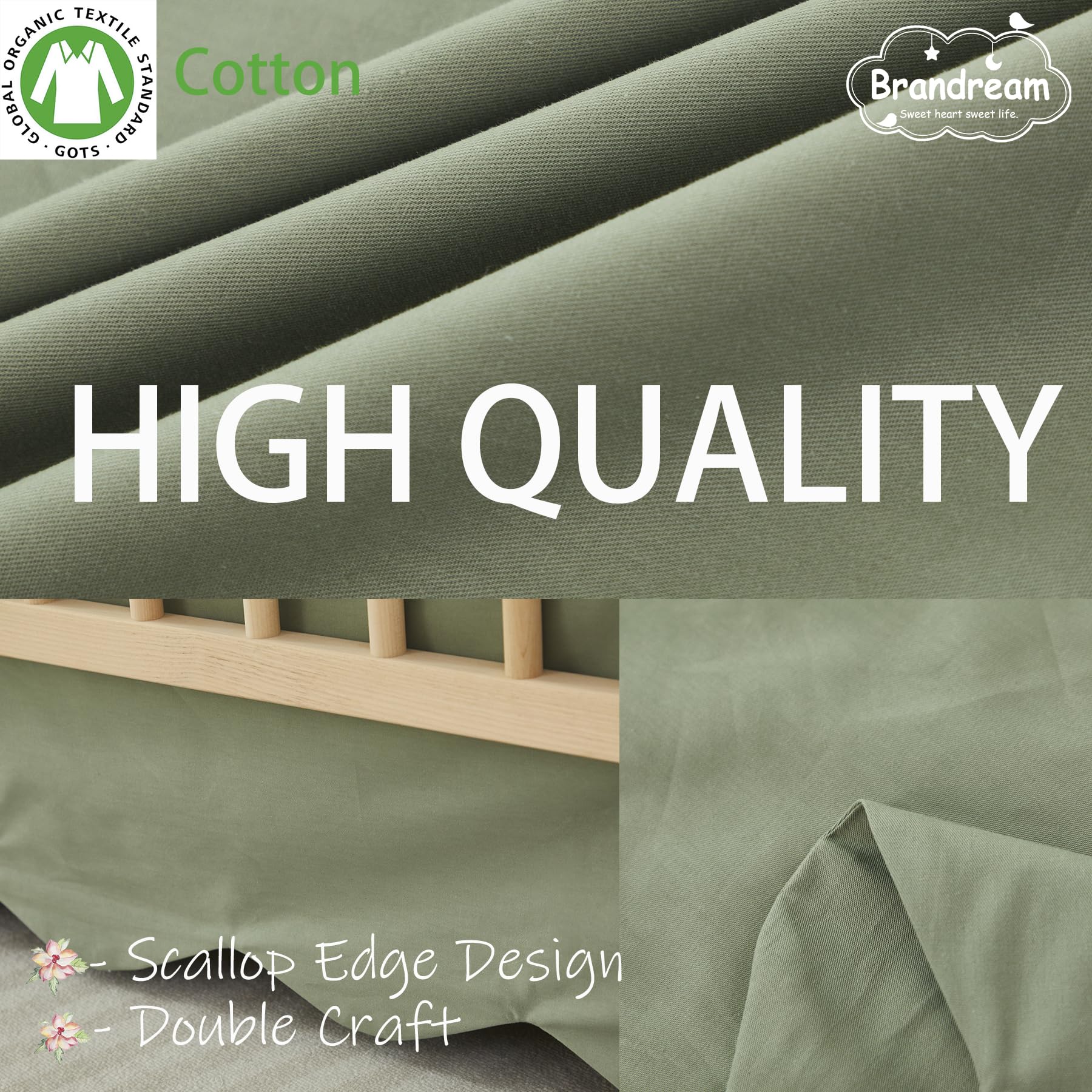 Brandream scallop edge crib skirt closeup texture indicates breathable cotton