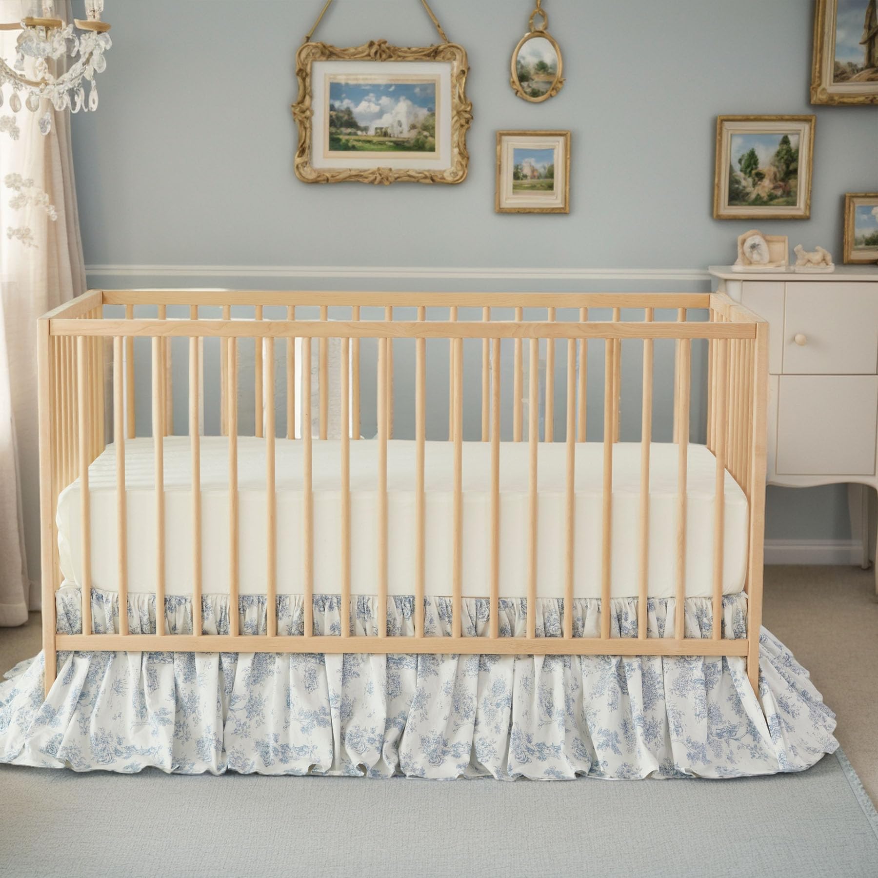 Brandream soft blue nursery detail highlights cotton and boho vibes.