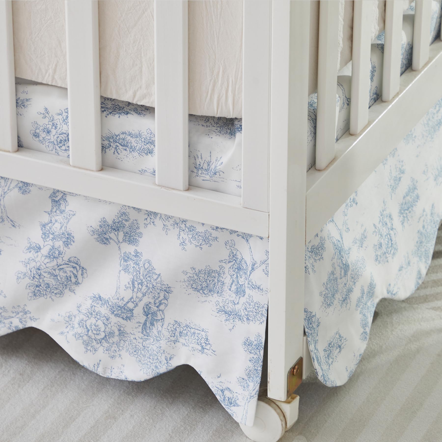 Brandream vintage blue toile print crib skirt visualize timeless French country vibe.