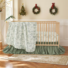 Brandream vintage green toile quilt closeup showcases soft ruffles for cozy nursery nights.