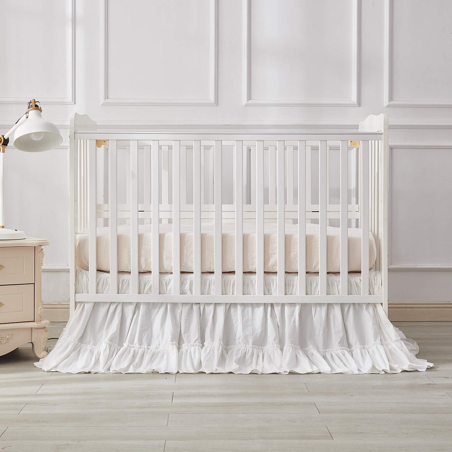 Brandream white crib skirt solid color complements toddler beds and cribs.