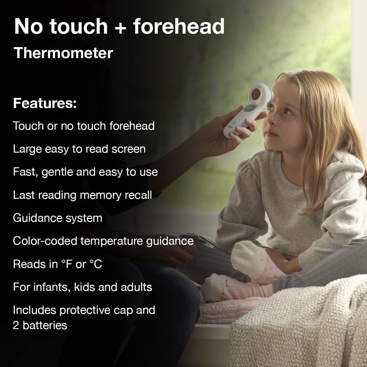 Braun family-use thermometer suits infants, toddlers, and adults with ease.