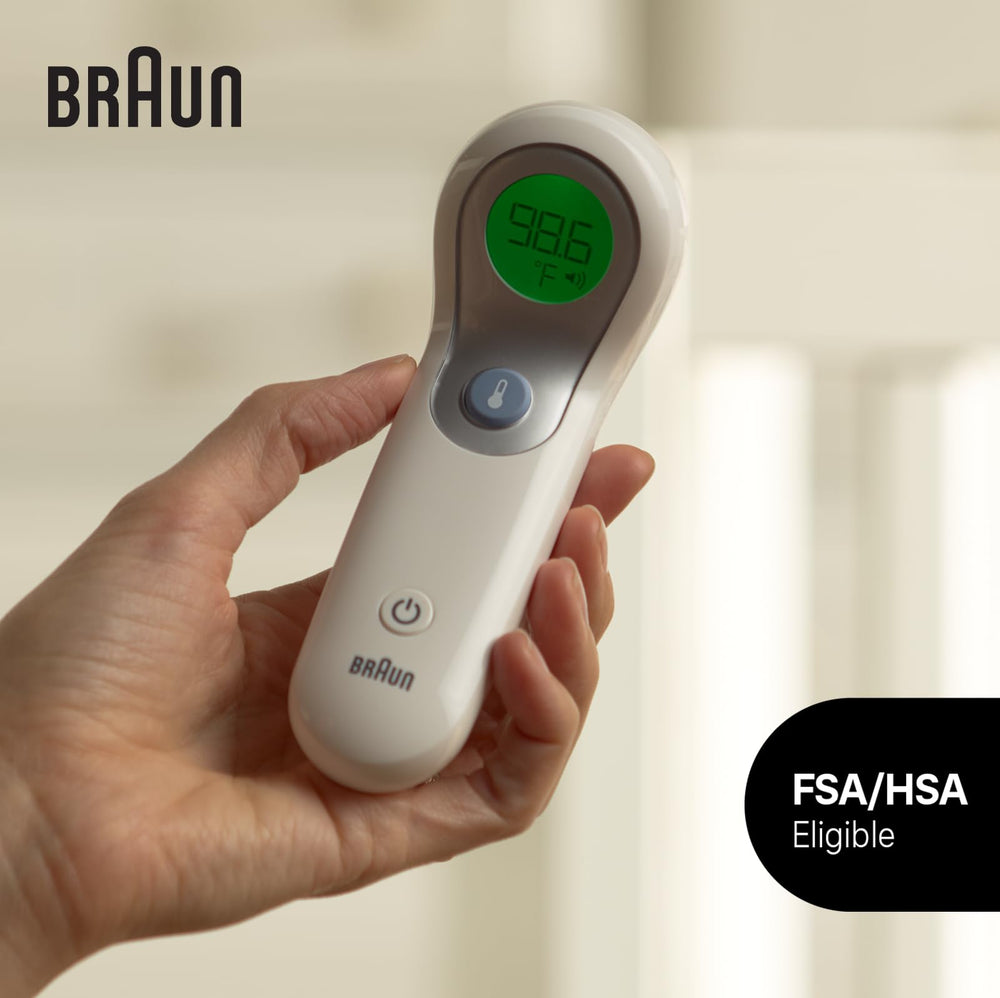 Braun No Touch Forehead Thermometer guidance light helps aim precisely during fever checks.