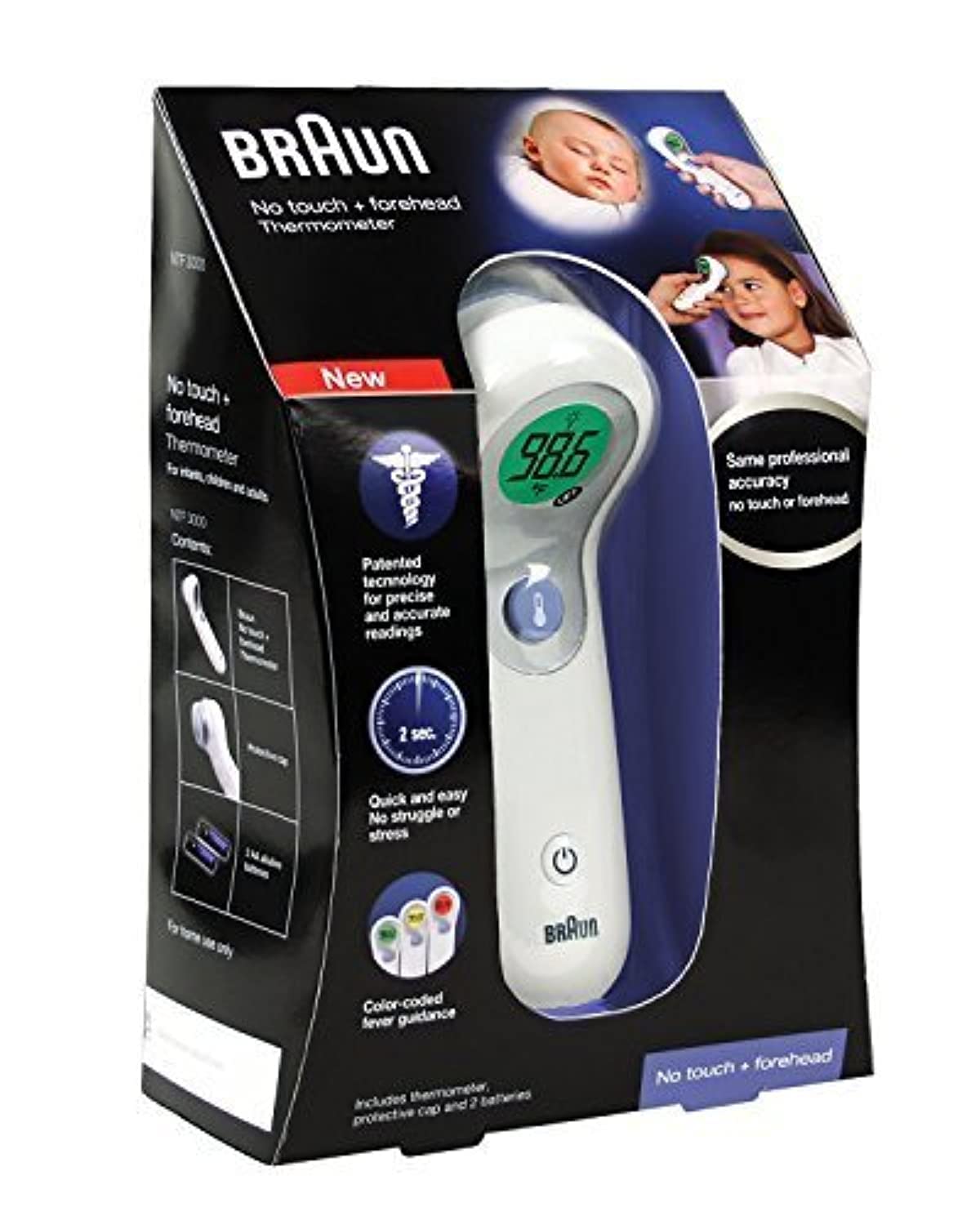 Braun NTF3000US no-touch forehead thermometer front view delivers quick readings