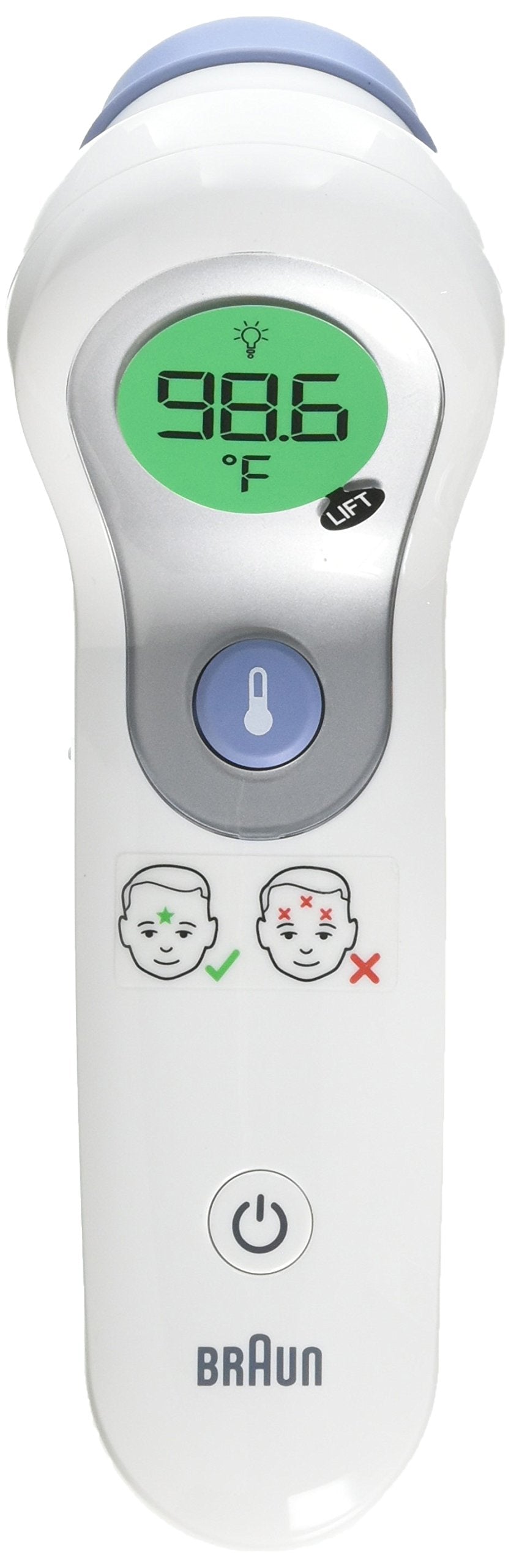 Braun NTF300US no-touch forehead thermometer front view showing quick, family-friendly readings.