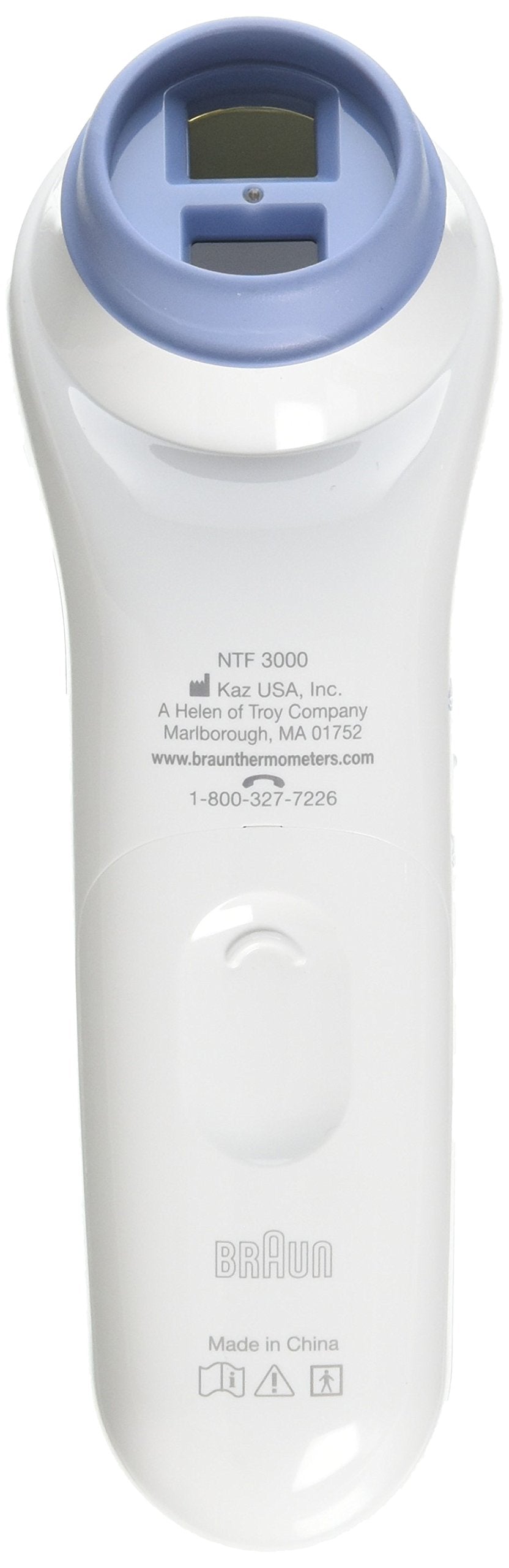 Braun NTF300US no-touch thermometer held to the forehead for quick screening.